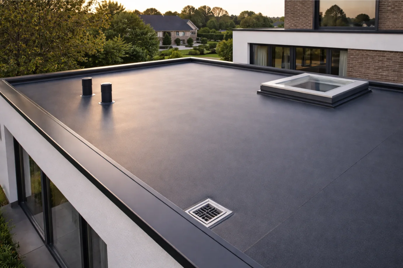 Afgewerkt plat dak met naadloze EPDM dakbedekking