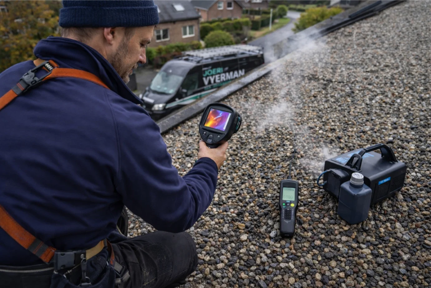 Professionele lekdetectie op een plat dak in Oost-Vlaanderen