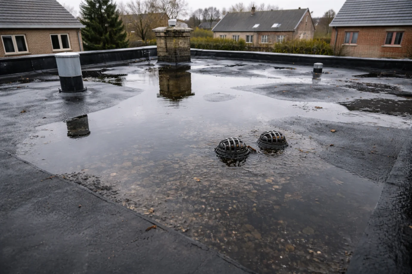 Stilstaand water op een plat dak als teken van lekkagegevaar
