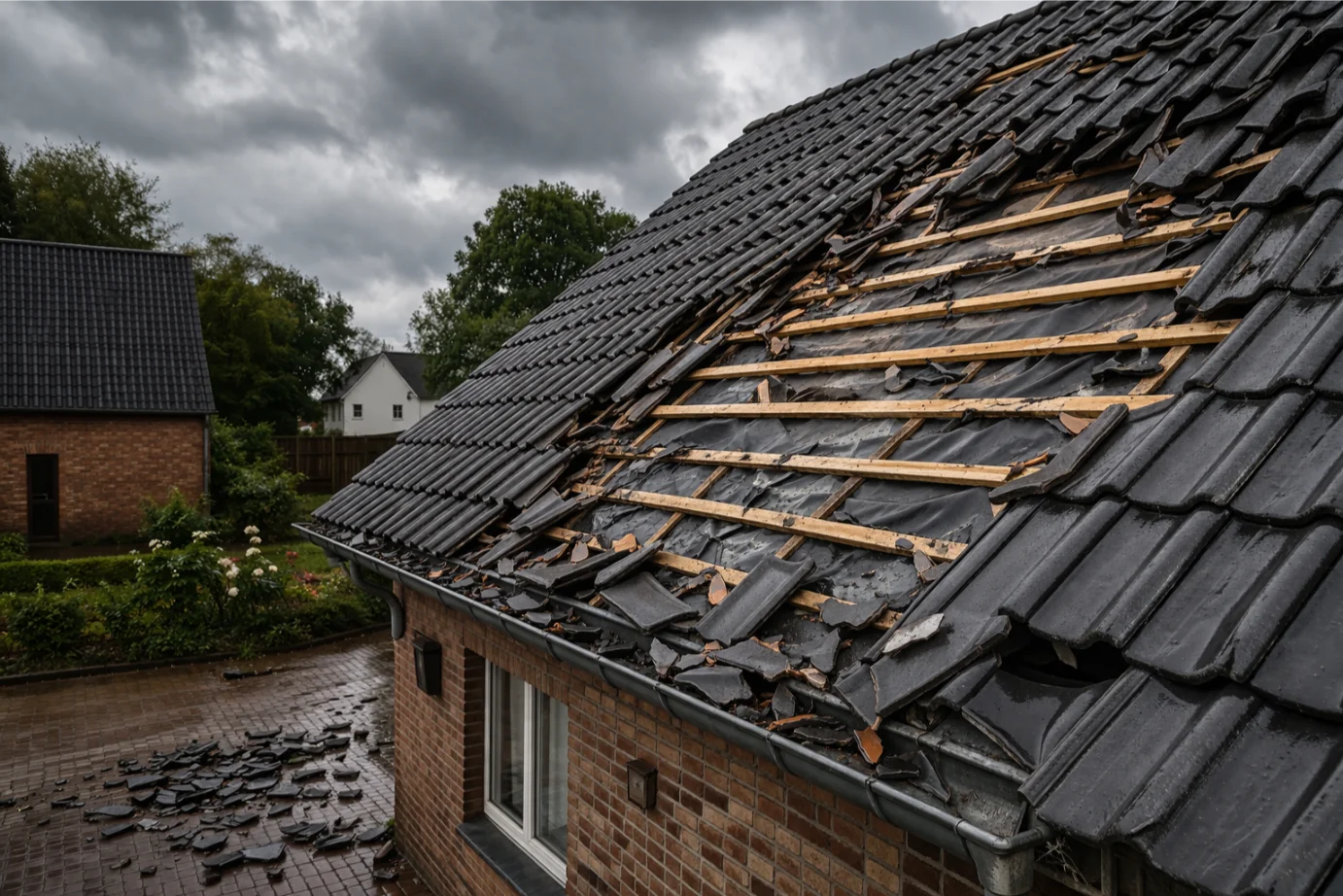 Stormschade aan een hellend dak met afgewaaide dakpannen in Oost-Vlaanderen