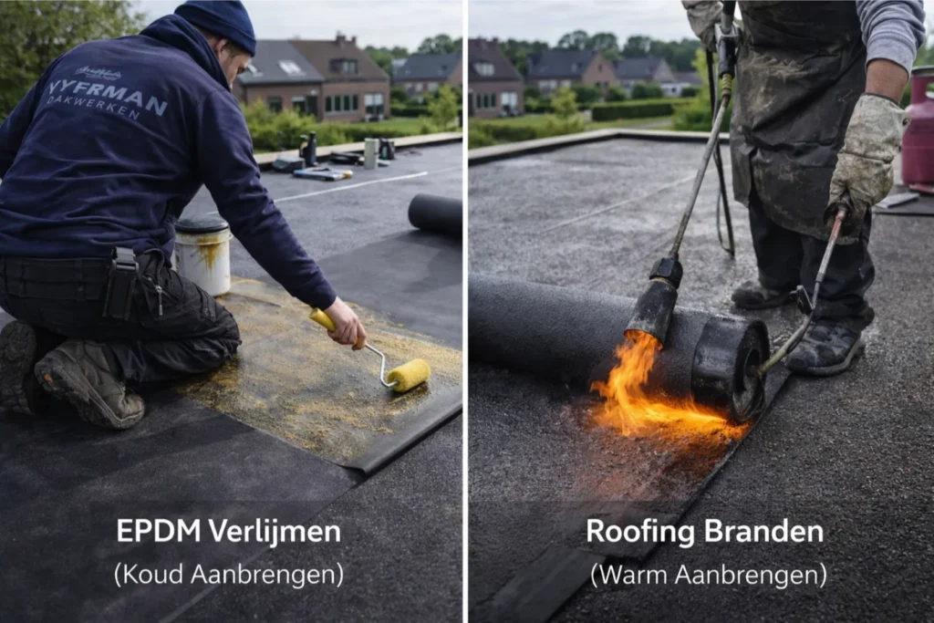 Verschil in plaatsing EPDM verlijmen versus roofing branden