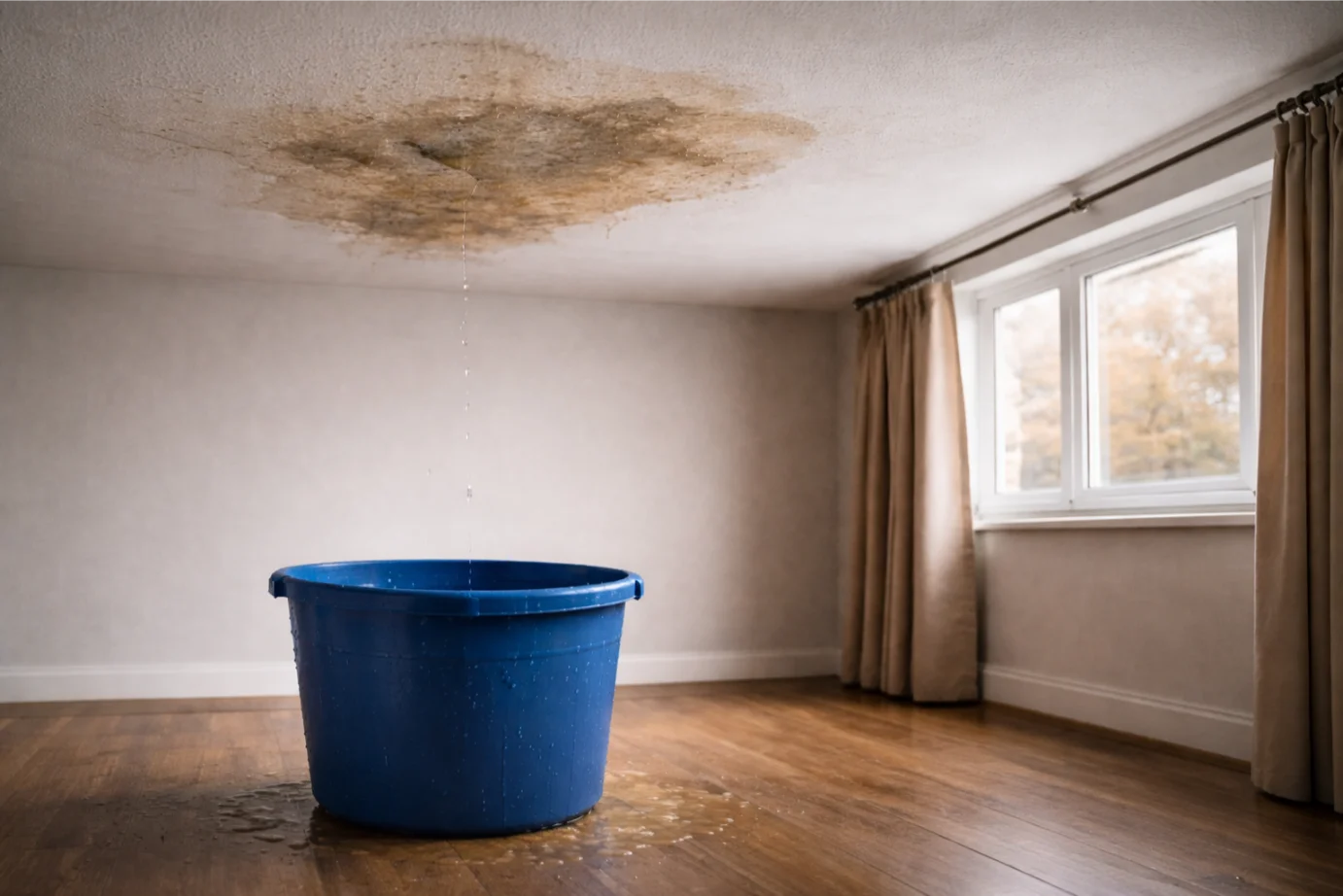 Vochtplek op het plafond door lekkage aan een plat dak