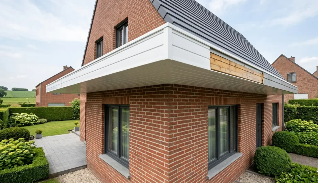 Dakoversteken bekleden met PVC planchetten op een woning in Oost-Vlaanderen
