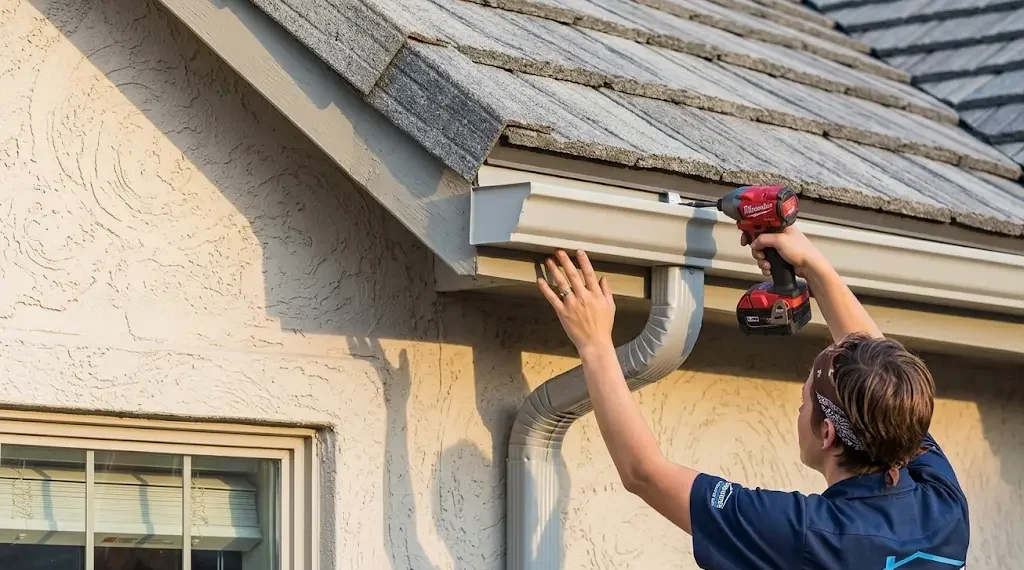 Dakwerker soldeert een zinken dakgoot om een lek te herstellen aan een woning