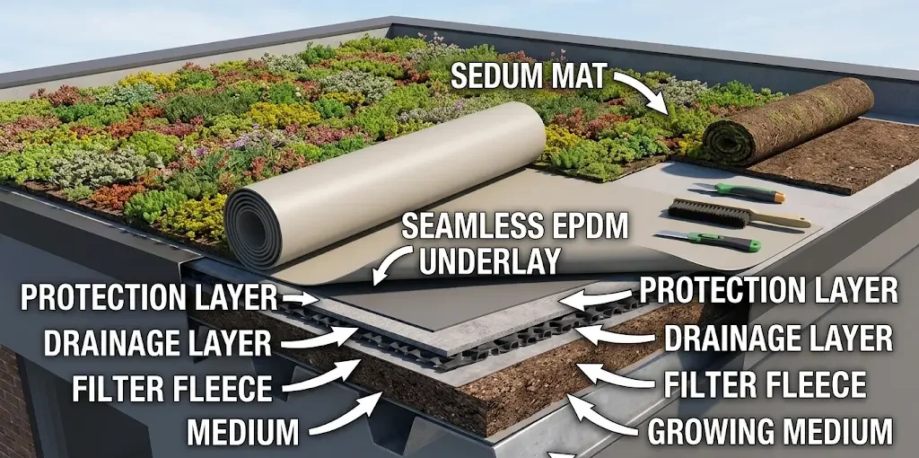 Groen dak aanleggen met sedum op een naadloze EPDM onderlaag op een plat dak