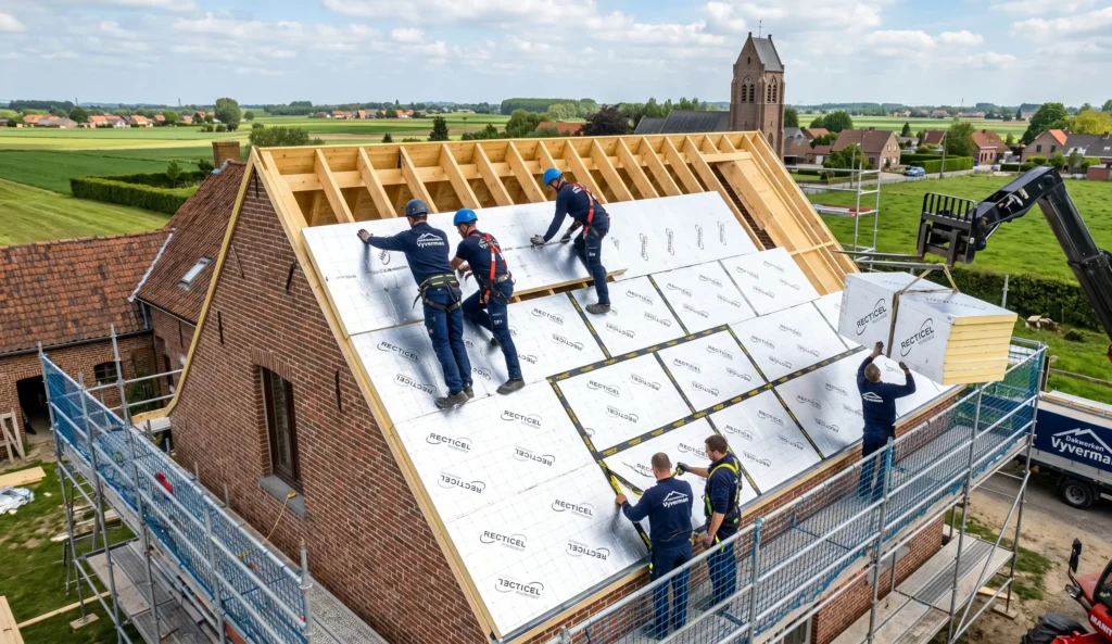 Plaatsing van PIR isolatieplaten op een sarkingdak in Oost-Vlaanderen door Dakwerken Vyverman