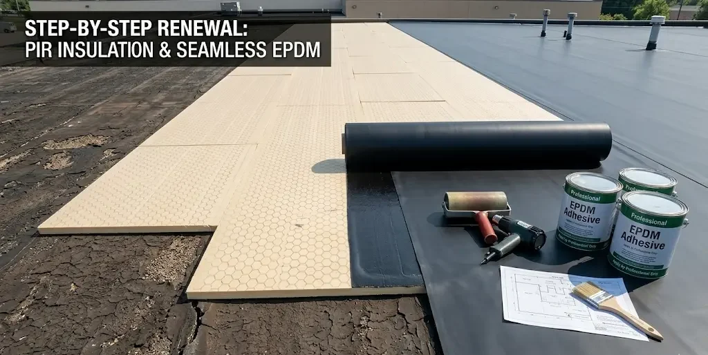 Plat dak vernieuwen met PIR-isolatie en naadloze EPDM dakbedekking door een vakman
