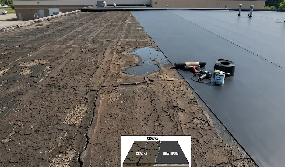 Versleten bitumen dakbedekking met scheuren naast nieuwe naadloze EPDM op een plat dak