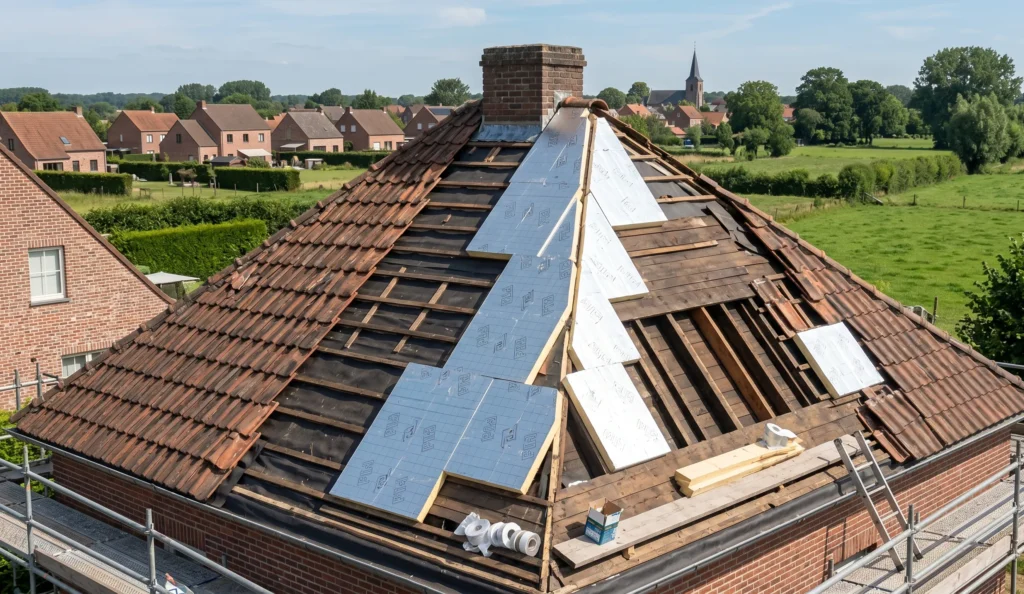 Dak isoleren langs buiten met PIR-platen op een sarkingdak in Oost-Vlaanderen