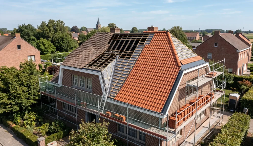 Dakrenovatie van een hellend dak met nieuwe dakpannen in Oost-Vlaanderen