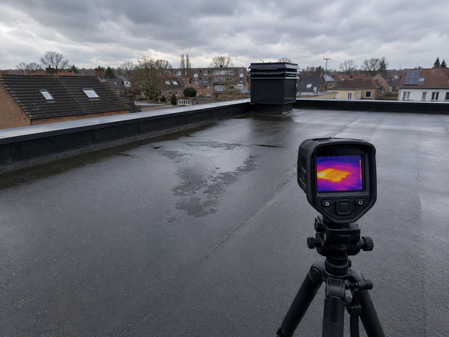 Lekdetectie met infraroodcamera op een plat dak in Oost-Vlaanderen