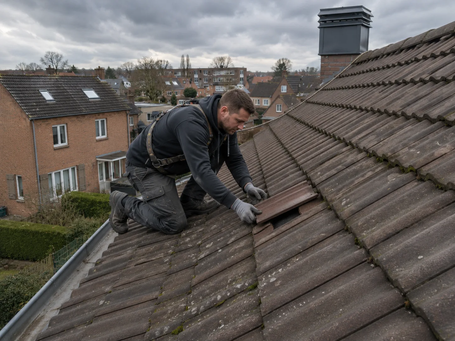 Dakwerker legt een losgekomen dakpan vast op een hellend dak in Oost-Vlaanderen