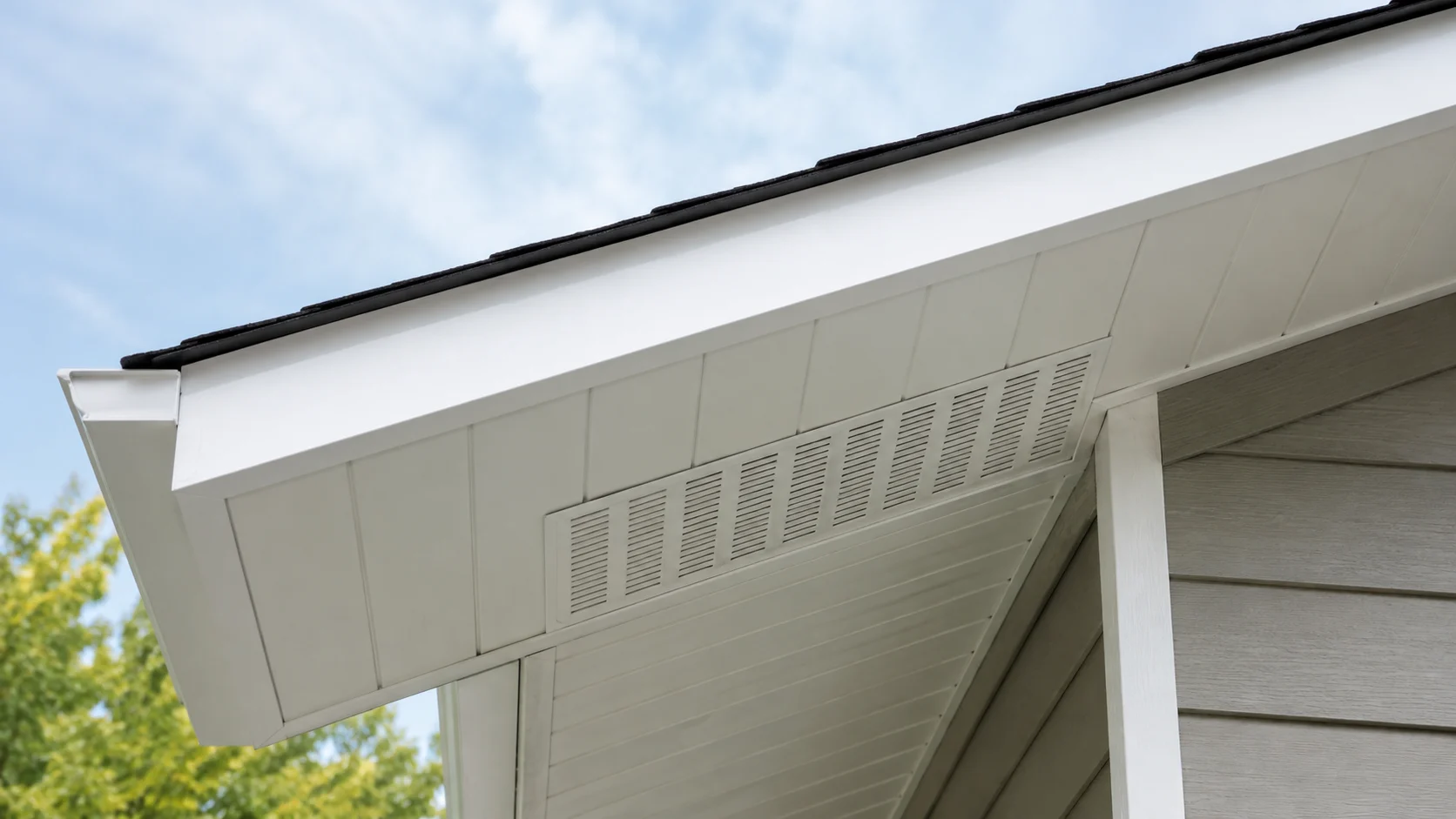 Dakoversteek bekleed met witte PVC planchetten en ventilatierooster